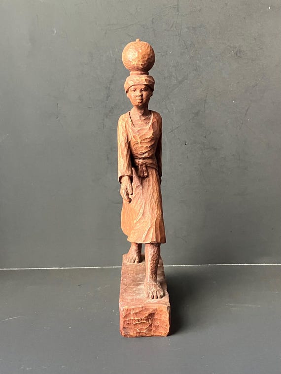 VTG Haitian Wooden Carved Statue of Woman Walking Signed J. Delva