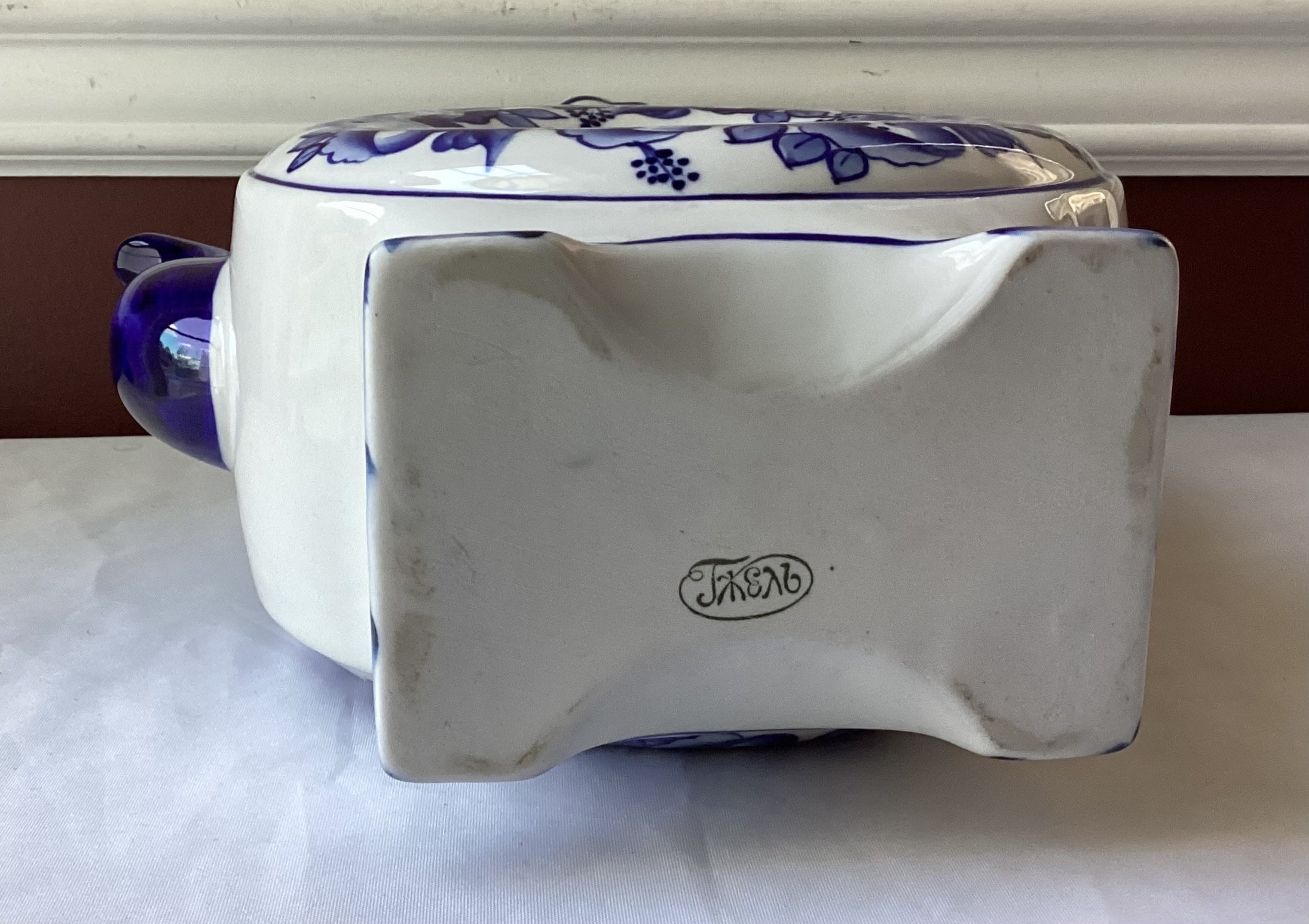 Vintage Large Russian Gzhel Porcelain Donut Teapot – Blue & White