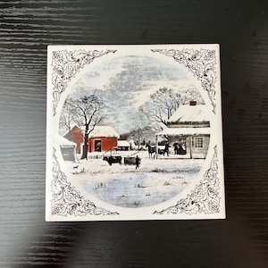 VTG Ceramic Pottery Trivet Tile, Historical Winter Farm Landscape Scene, 6” x 6”