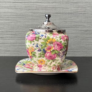 Vintage Royal Winton Grimwades England Summertime Sugar Bowl With Under-plate