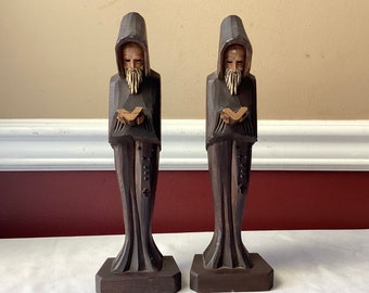 Pair Of VTG Wooden Monk Statues, 11 1/2" Tall