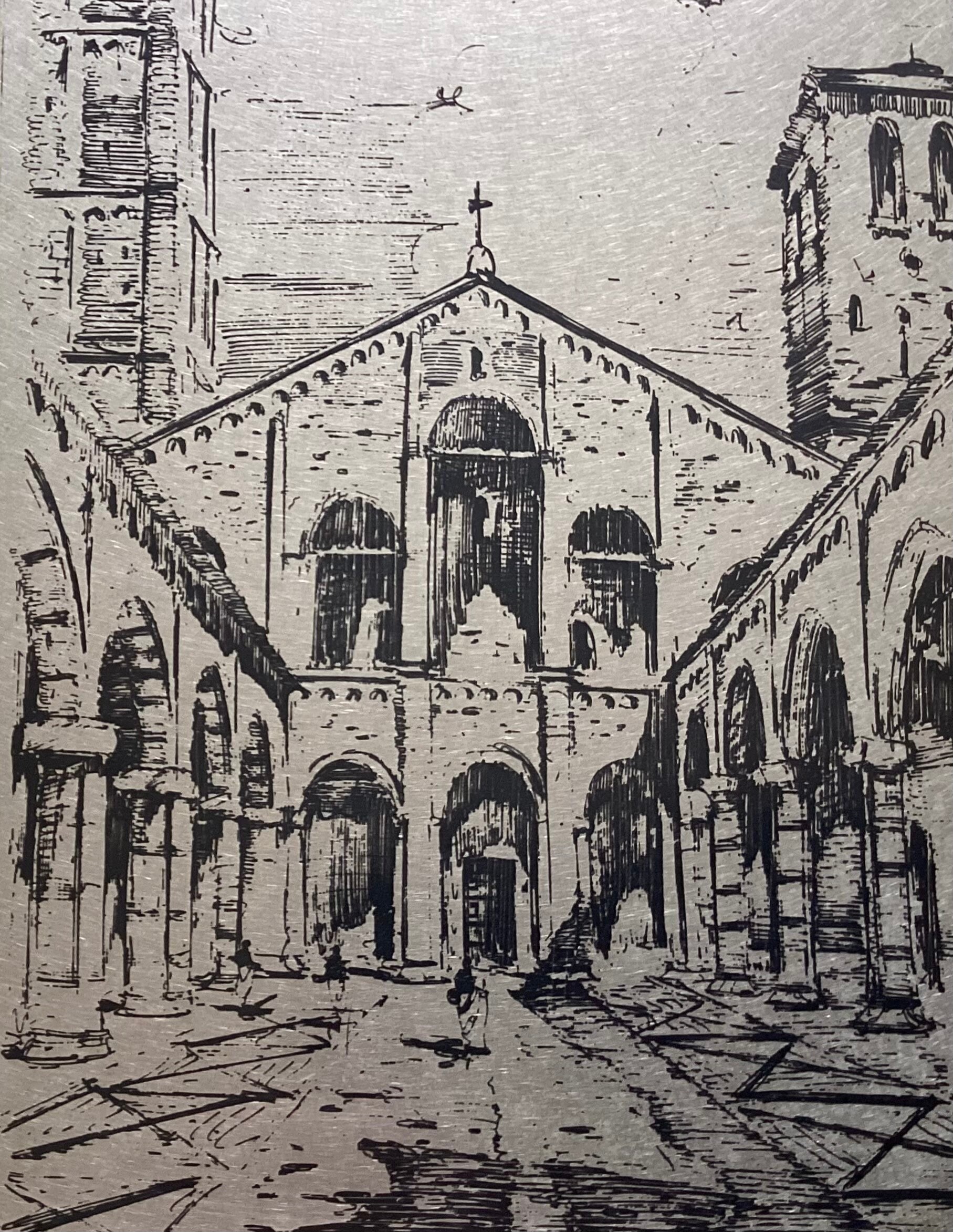Vintage Italian Silver 800 Engraving Art Plaque of Basilica Di