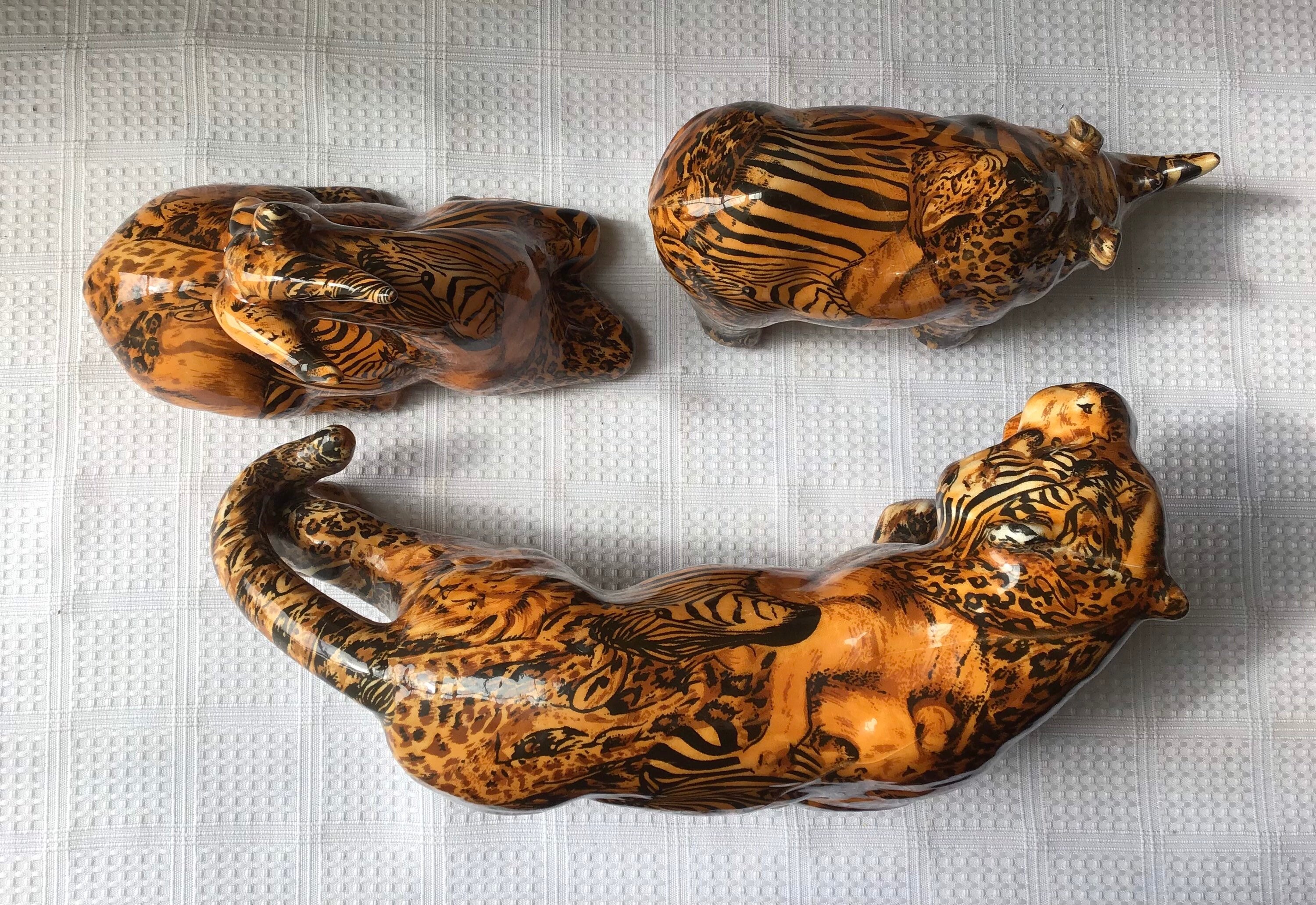 Lot of 3 Wild African Animal Shiny, Glazed Chalkware Figurines