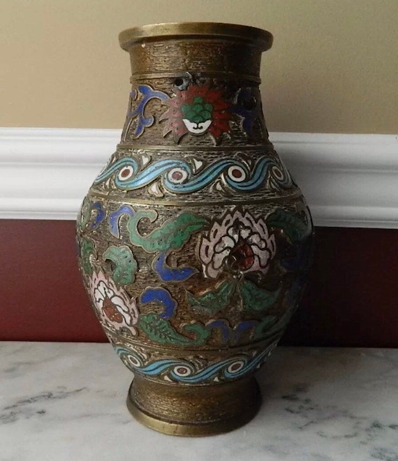 19th century Asian/Oriental enameled brass vase, about 9 3/4 inches tall
