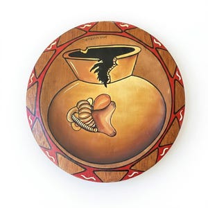 VTG Signed Panama Wood Art Plate Pre-Columbian Style Miranda 86 Wall Decor, 12”W