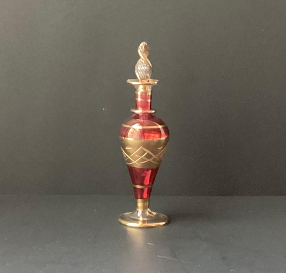 VTG Handmade Egyptian Etched Blown Glass Perfume Bottle, Cranberry, 5 3/8” T