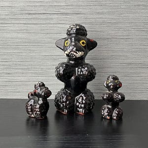 Set of 3 Old Vintage Ceramic Black Poodle Dog Figurines, Made in