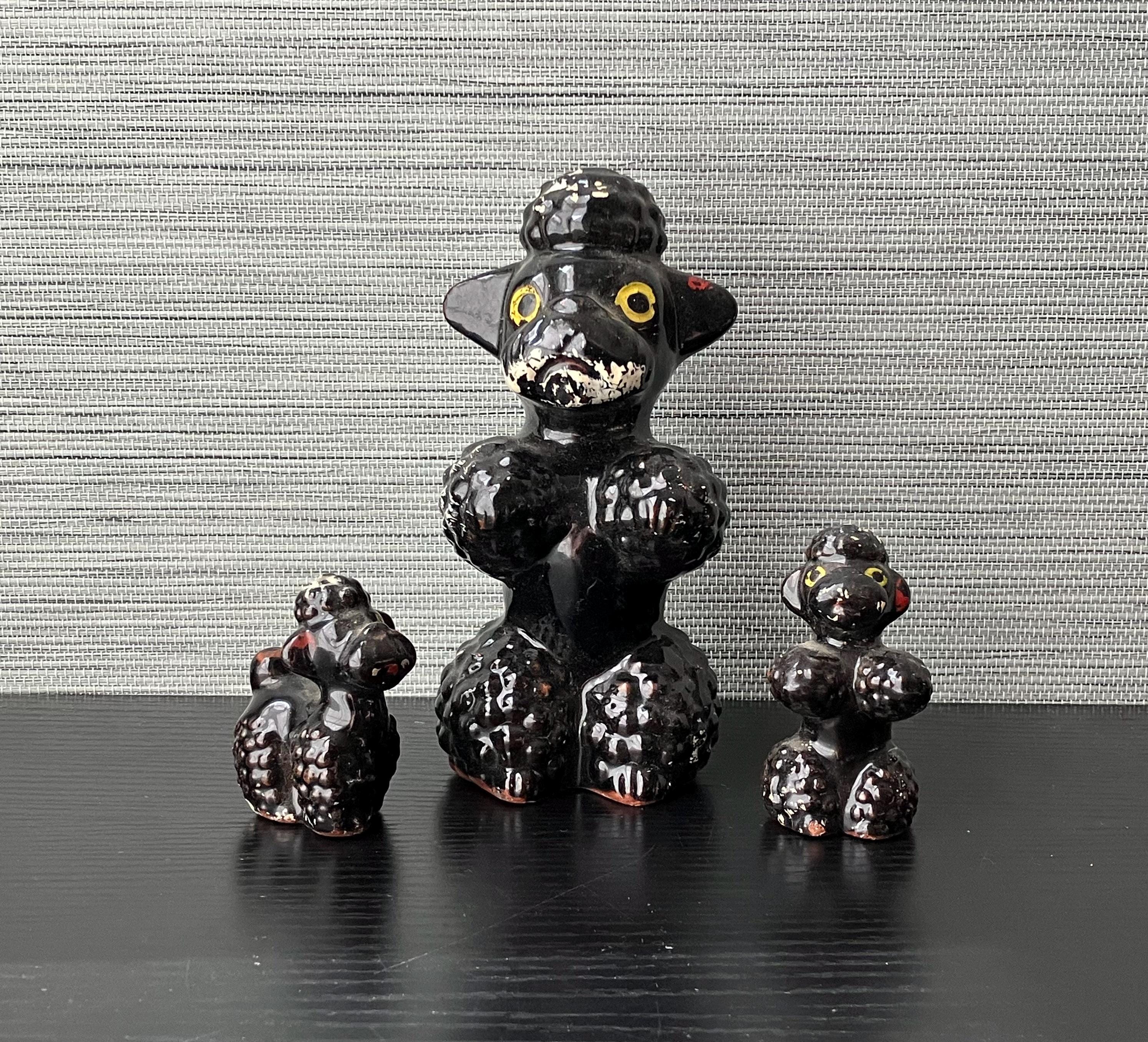 【60年代】ヴィンテージプードル　ブラック Set of 3 Old Vintage Ceramic Black Poodle Dog Figurines, Made in