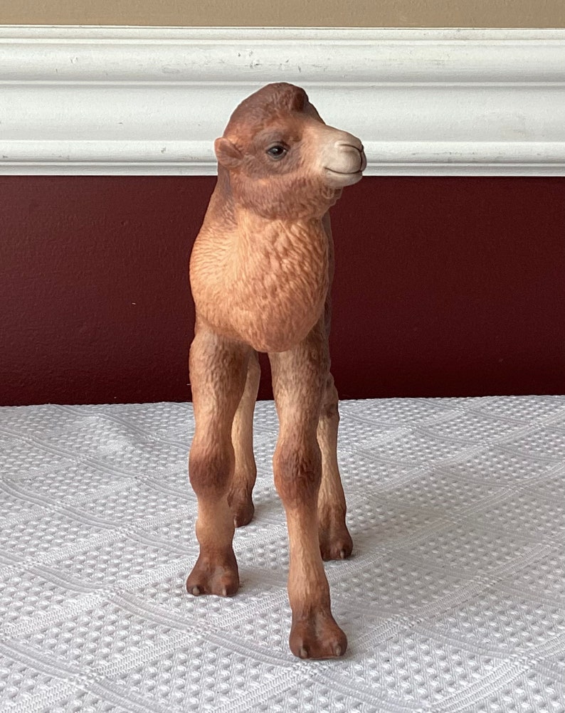 May include: A detailed figurine of a baby camel, standing on a white surface. The camel is primarily tan and brown, with a detailed face and realistic features. The figurine is likely made of ceramic or a similar material.