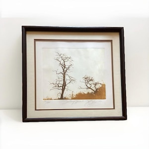 May include: Framed artwork featuring a landscape with two bare trees against a light background. The artwork has a brown frame and a beige mat. The trees are depicted in a sepia tone, with a golden-brown area at the base.