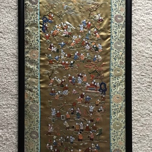 Vintage Chinese Handmade Tapestry/ Knitting/ Embroidery, Framed, 25 x 13 inches