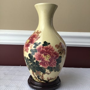 Vintage Chinese Porcelain Vase, Handpainted Under Glaze, 9 5/8” Tall, yellow with flowers image 1