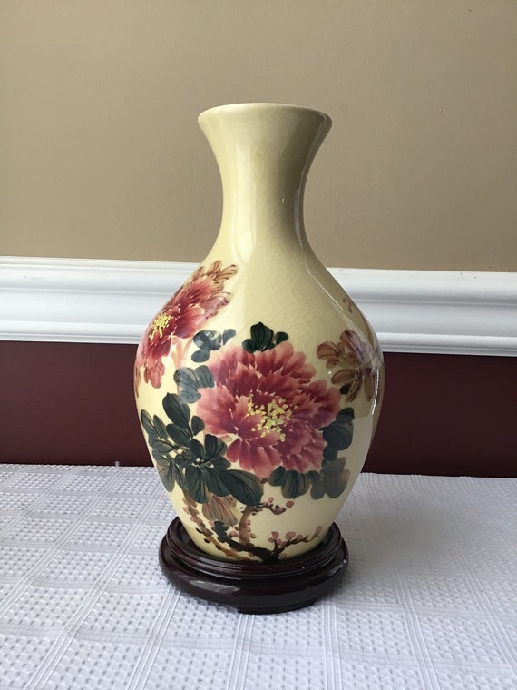 Vintage Chinese Porcelain Vase, Handpainted Under Glaze, 9 5/8” Tall, yellow with flowers