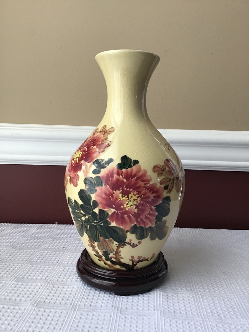 Vintage Chinese Porcelain Vase, Handpainted Under Glaze, 9 5/8” Tall, yellow with flowers image 1