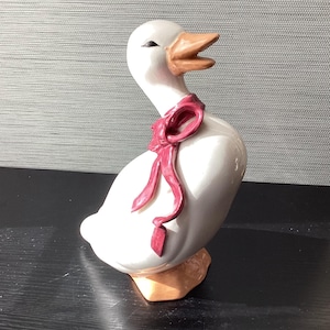 Vintage White Ceramic Duck Or Goose Figurine With Dark Pink Ribbon, 8.5&quot; Tall