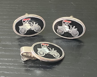 Vintage Cufflinks & Tie Clip Set With Antique Car Design/ VTG Men’s Accessories