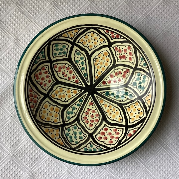 Vintage Tunisian Pottery Bowl, Hand Painted, For Decoration, 9” W