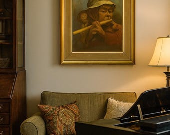 Vintage Asian Oil On Canvas Painting, Flutist, Signed, Framed