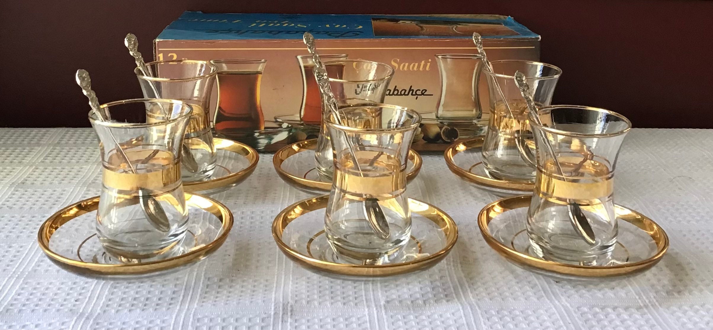Vintage Turkish Tea Glass Set Service for 6 and 6 Tea Spoons Etsy