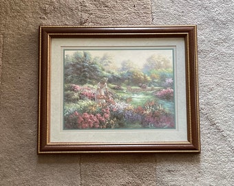 Leek Parkinson Open Edition Lithograph Print 1990, Picking Flowers From Garden