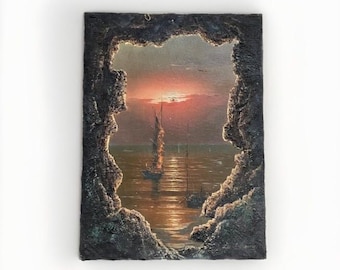 VTG Original Oil Painting of Chinese Junk Sail Boat in the Sea, Signed