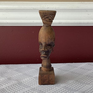 Vintage African Wooden Carved Female Figurine With Metal Earrings, 6 1/8” T
