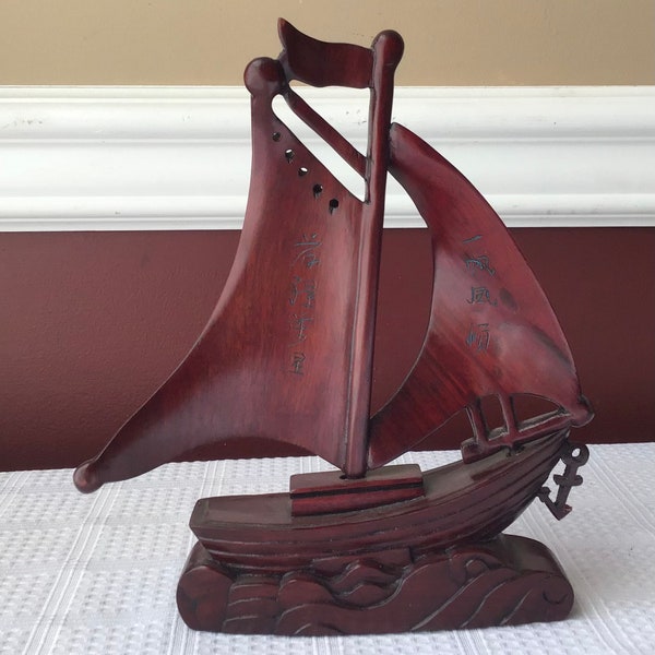 Vintage Chinese Wooden Carved Sailboat, Signed
