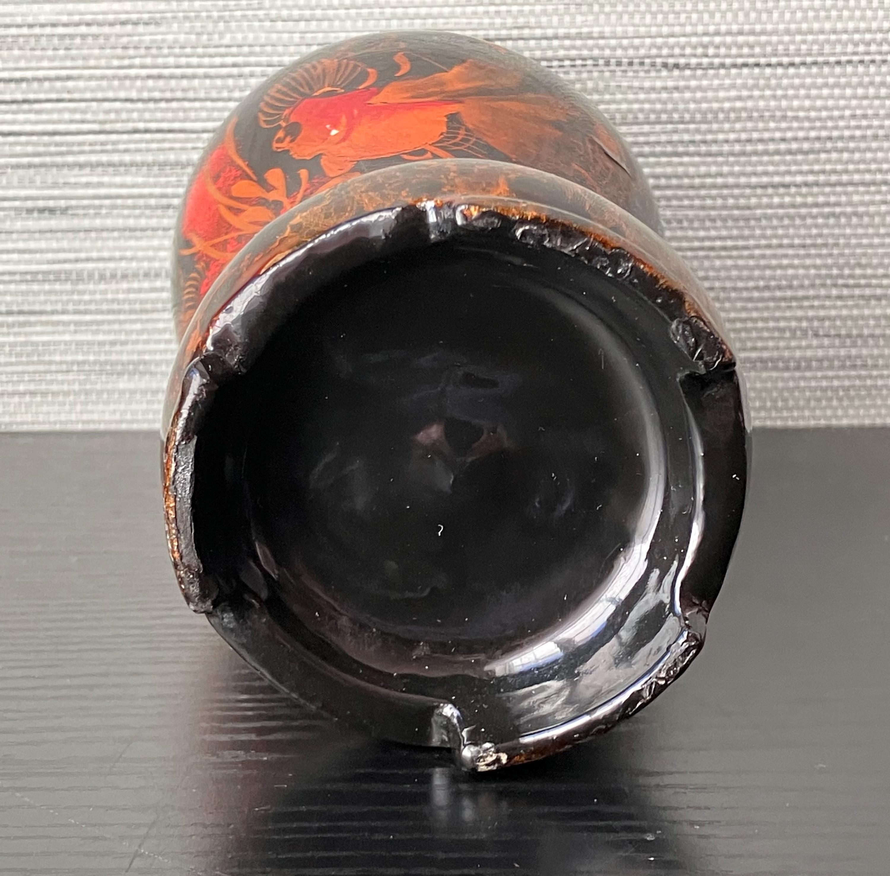 Vintage Asian Black Lacquer Vase W/ Red-yellow Bird Motif, 7.75” W