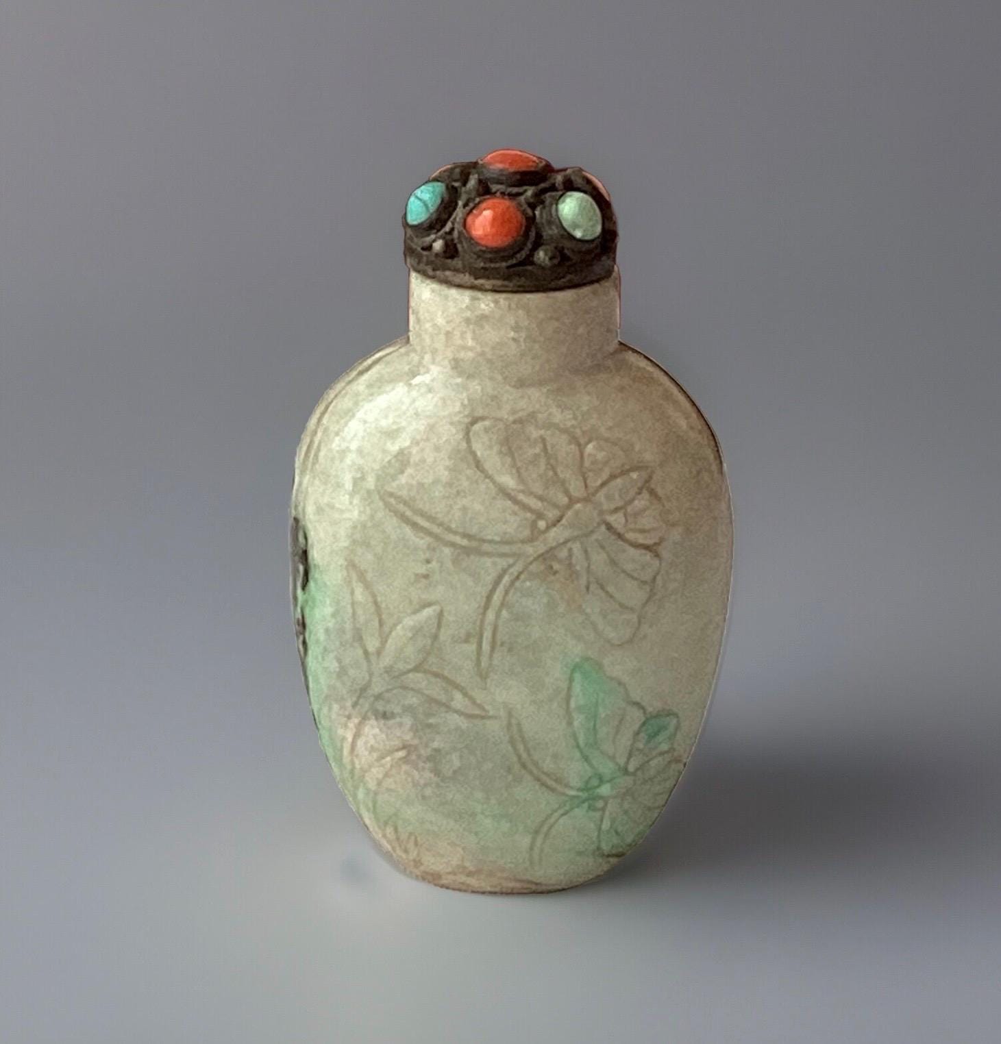 Antique Qing Dynasty Era Chinese Jade Snuff Bottle With Natural