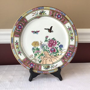 Vintage Hand Painted Porcelain Chinese Plate With Butterflies and Flowers