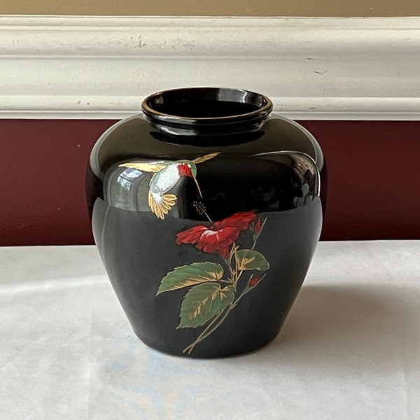 Vintage Japanese Black Porcelain Vase, Otagiri, Hummingbird Design, 6 1/4" T