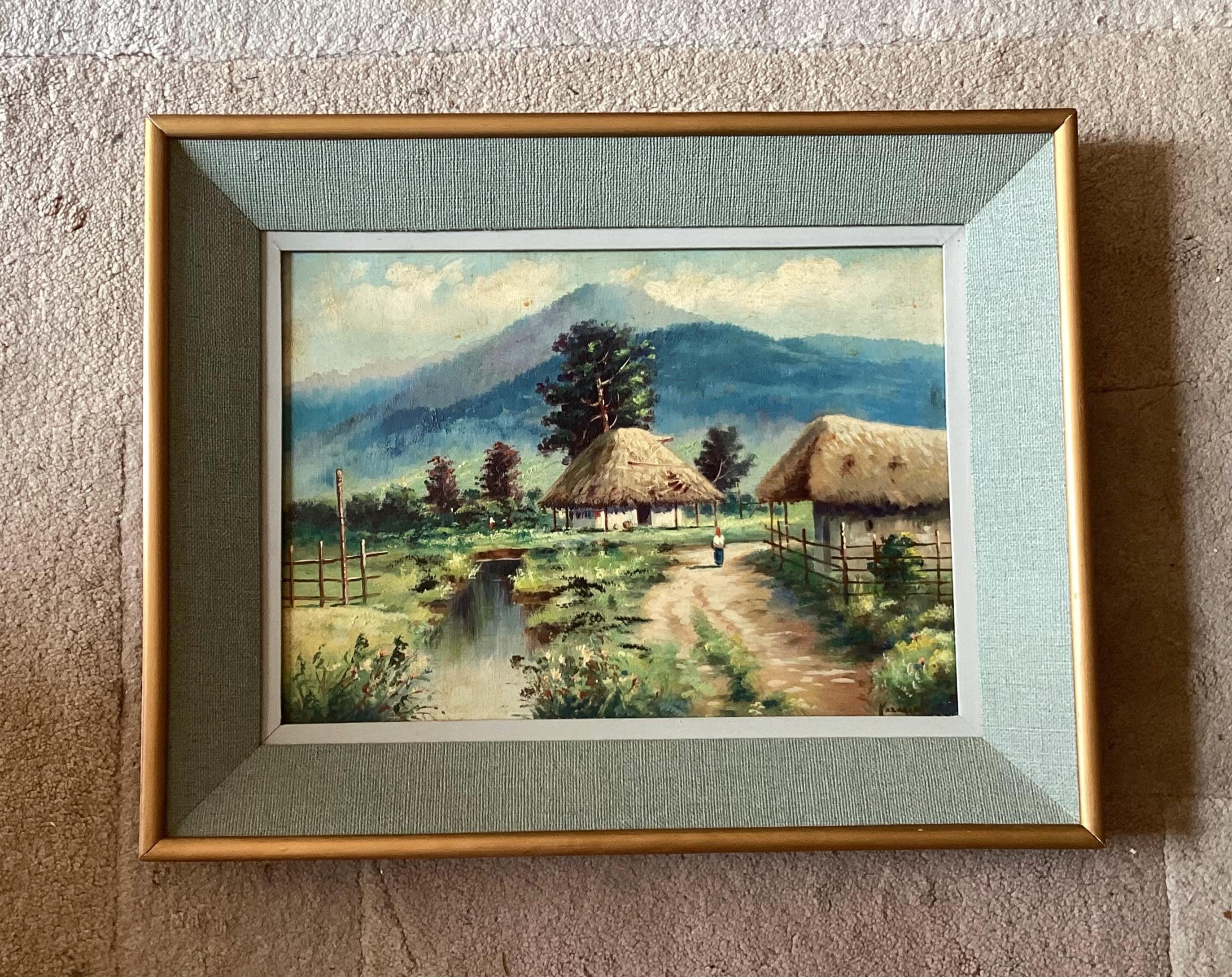 【中古】 Paysage De Carton VTG Original Oil Painting Village & Mountains by Alejke Kazarian