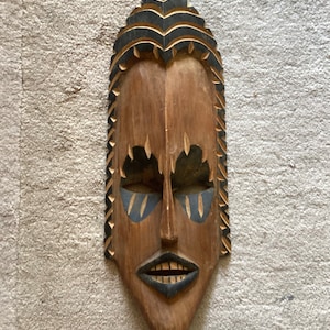 Vintage African Light Wooden Carved Mask, 16” Tall