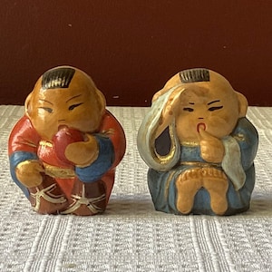 Pair of 2 Vintage Mongolian Ceramic Pottery Miniature Figurines, Children