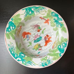 Vintage Large Chinese Porcelain Centerpiece Bowl, Koi Fish Design, 13 3/8&quot; W