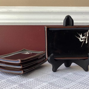 Set Of 4 VTG Small Japanese Ceramic Sushi Plates, Black & Brown, 5 1/8” x 3 5/8”