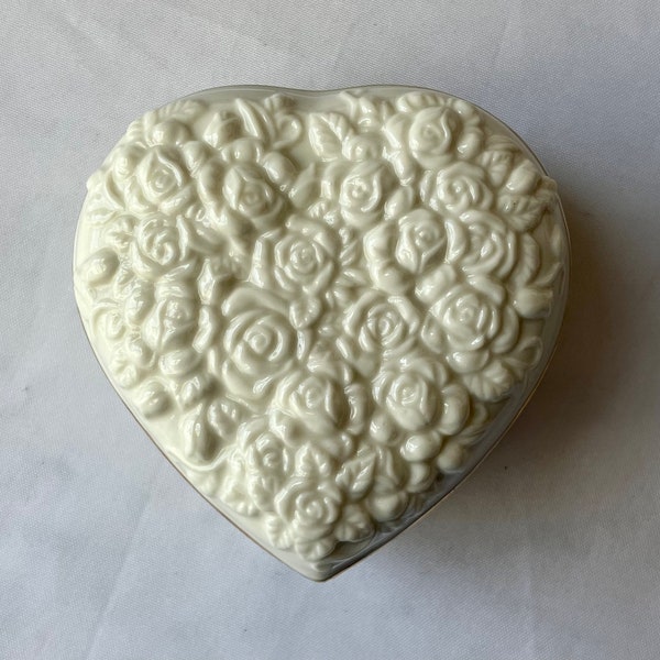 Vintage Lenox-style Porcelain Trinket Box, Heart-shape with 3D roses, Unmarked