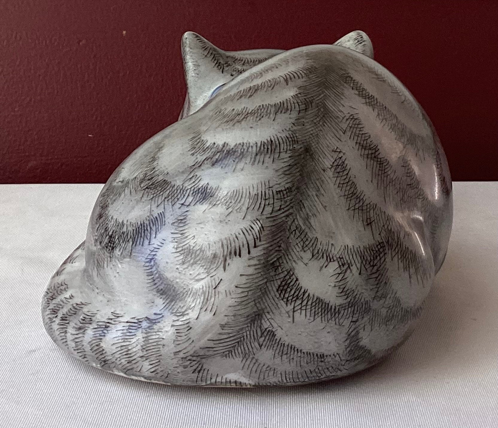Vintage Chinese Porcelain Sleeping Cat Figurine/ Gray Cat Figurine
