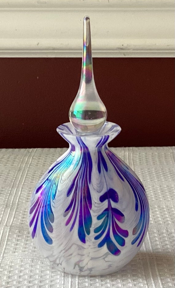 Vintage Blue & White Glass Perfume Bottle, 5 5/8"… - image 4