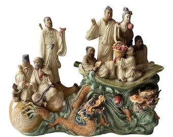 Chinese Wucai Porcelain 8 Immortals & Dragons Figurine, Foshan, Guangdong, 18” L