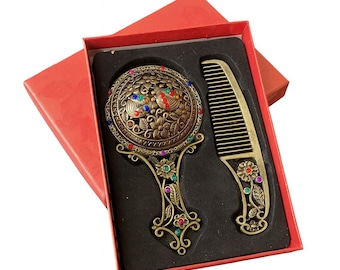 Floral Mirror & Comb Set w/ Gemstones, Ornate Gold Color Finish, in Gift Box
