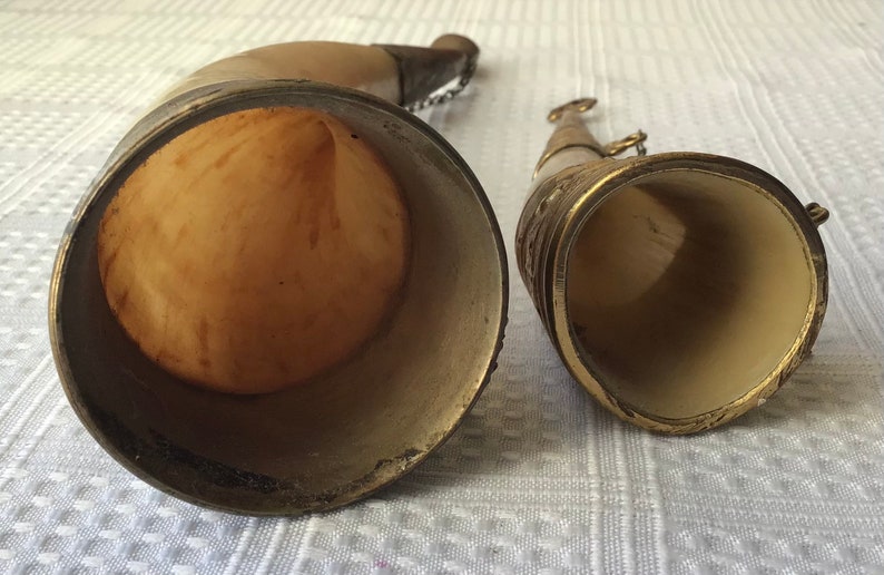 Lot Of 2 Vintage Brass Decorated Drinking Horns