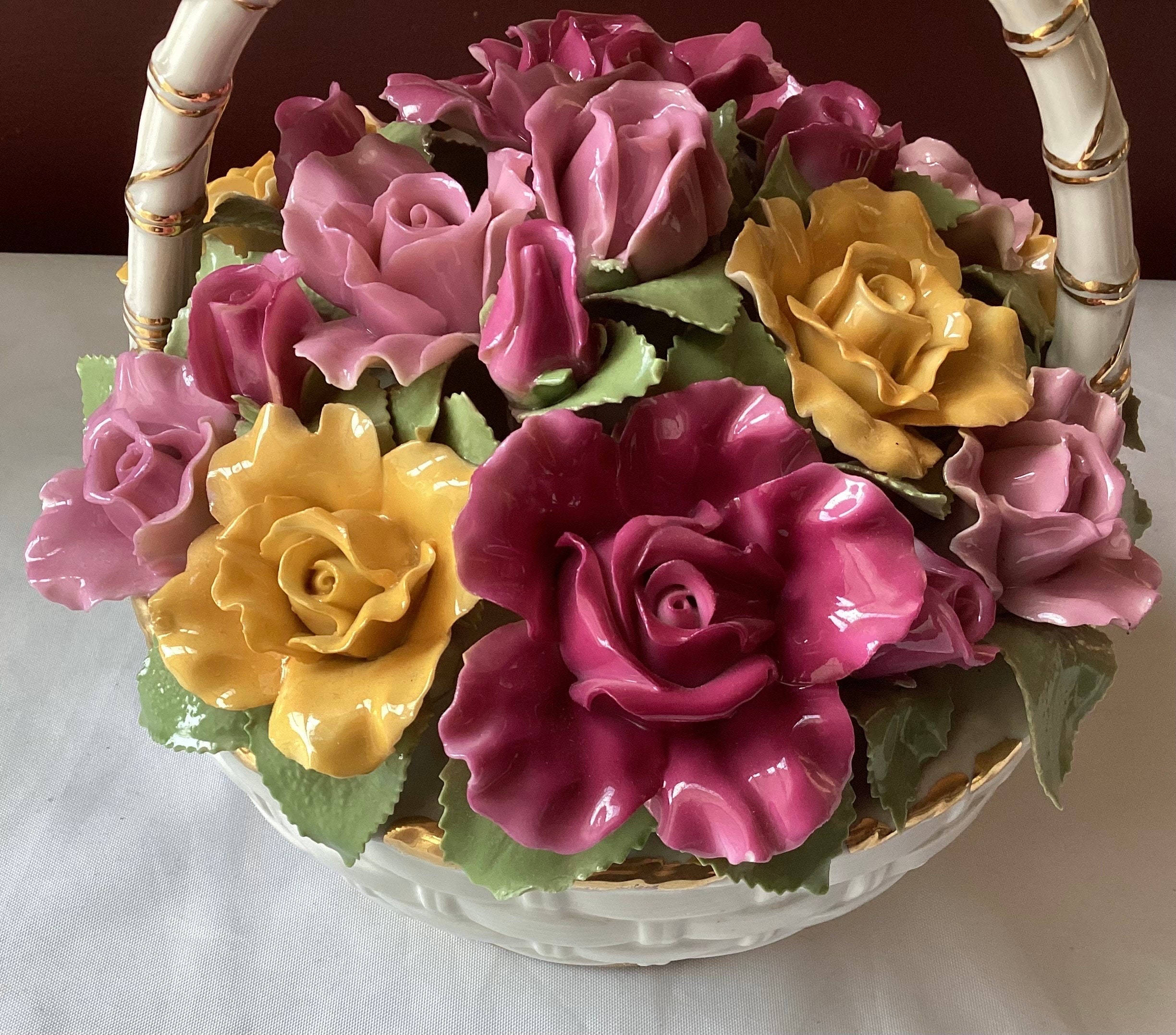 Large VTG Royal Albert Old Country Roses Flower Basket Music Box 