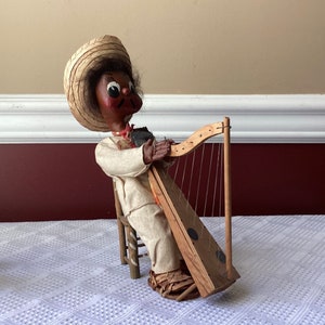 Vintage Mexican Wooden Folk Art Harpist Figurine/ Musician Statue, 10 1/2” Tall