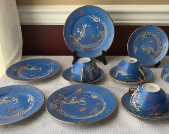 Lot of 12 Japanese Moriage Porcelain Teacups, Saucers & Dessert Plates, Dragon Design, Service for 4