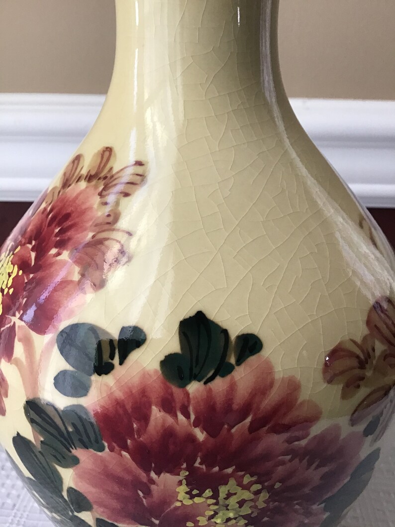 Vintage Chinese Porcelain Vase, Handpainted Under Glaze, 9 5/8” Tall, yellow with flowers image 5
