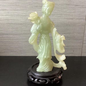 Vintage Chinese Green Jade Figurine with Wooden Base, 7 1/4&quot;  T., 14.6 Ounces