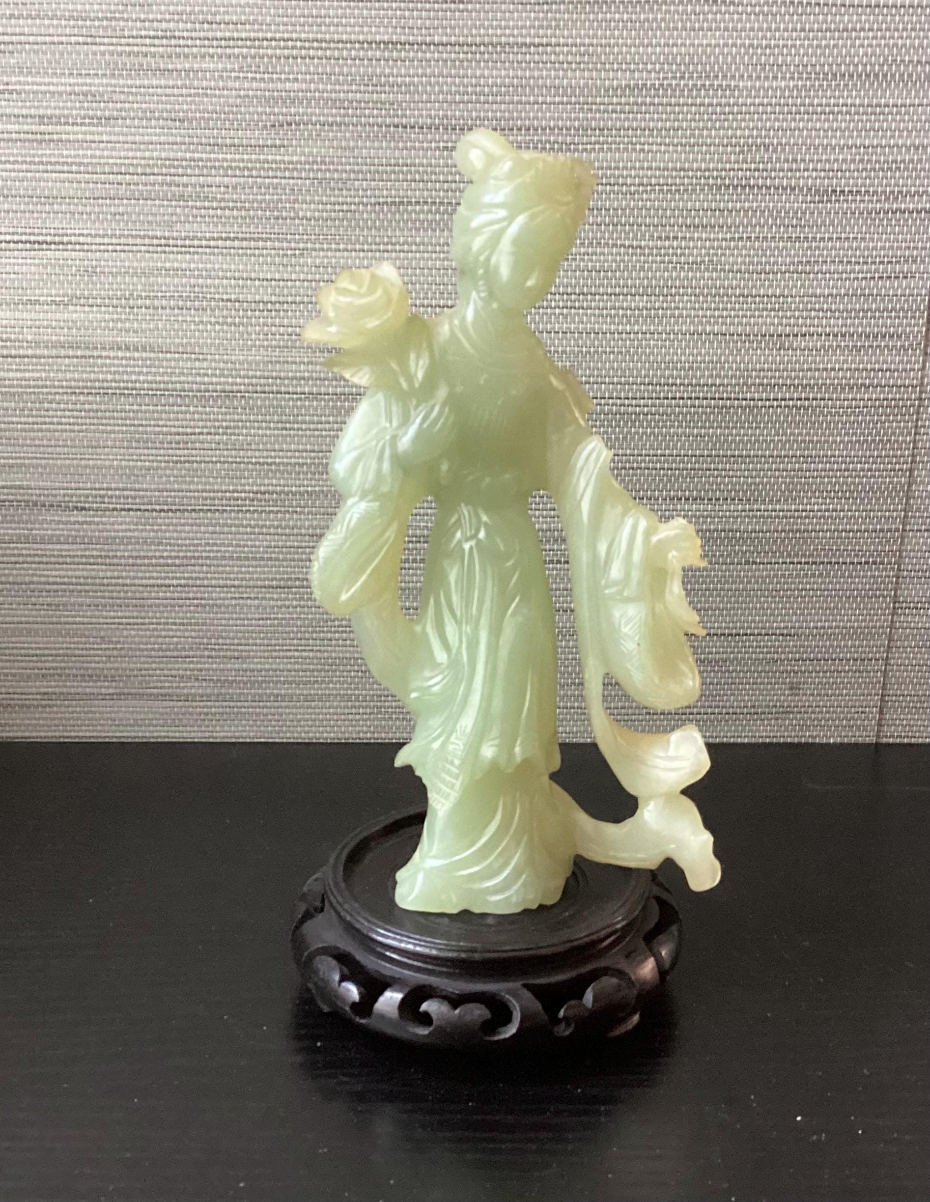 Vintage Chinese Green Jade Figurine With Wooden Base, 7 1/4