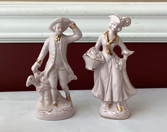 Pair of VTG Pink Porcelain Figurines of a Victorian Courting Couple, Japan