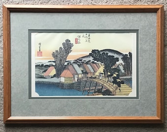 Vintage Japanese Woodblock Print After Utagawa Hiroshige, Village & Bridge